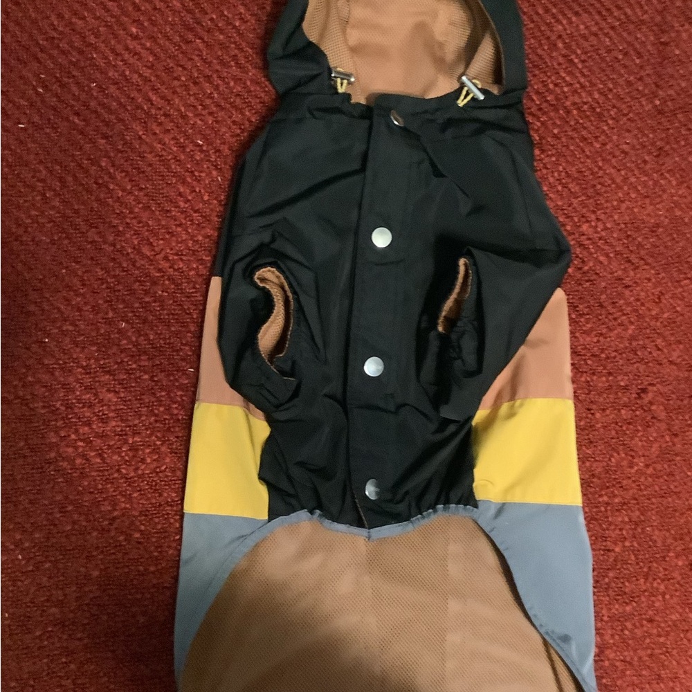 Colorblock Hooded Dog Jacket in Black, Yellow, Tan, Blue